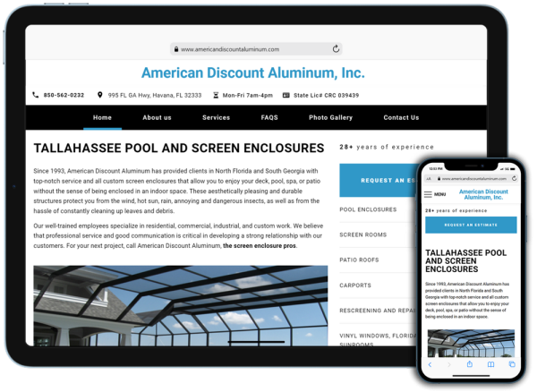Screen capture of American Discount Aluminum - Pool and Screen Enclosures, Patio Roofs, Florida Rooms & Sunrooms, Tiki Huts, Tallahassee, Florida website