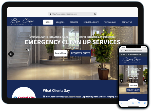 Screen capture of Bio-Chem Cleaning Service, Inc - Tallahassee's Premiere Commercial and Janitorial Cleaning Service website